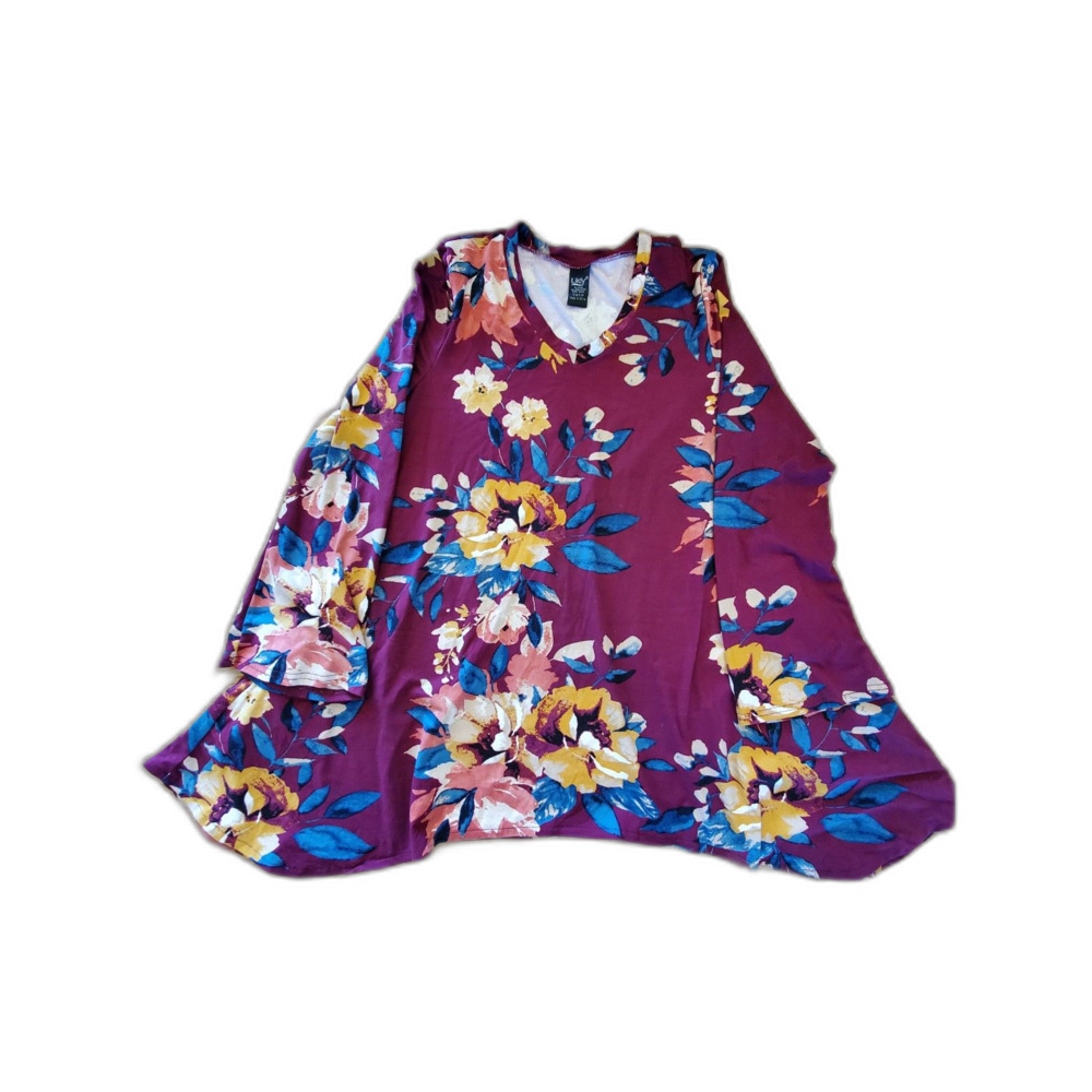 Lildy Printed Handkerchief Hem Long Sleeve Tunic Top Maroon Floral S-M EUC